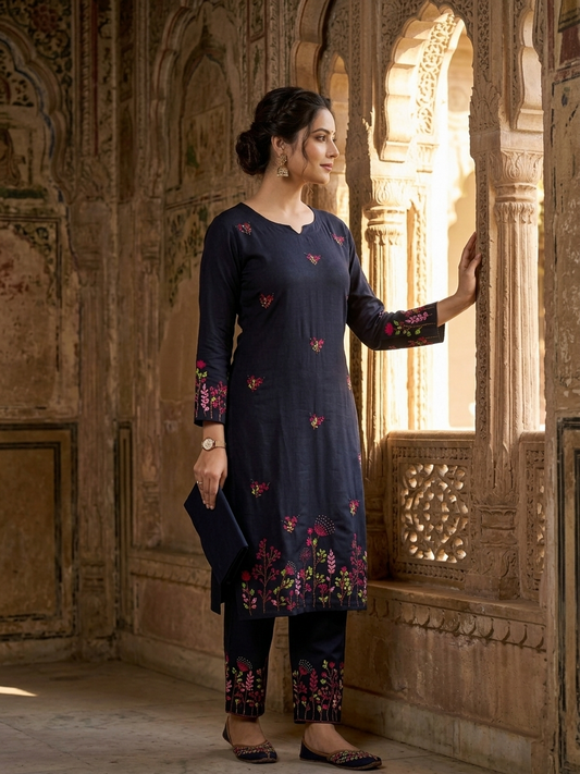 Jugnu Gulabi Dhaga Kurta Set in Black