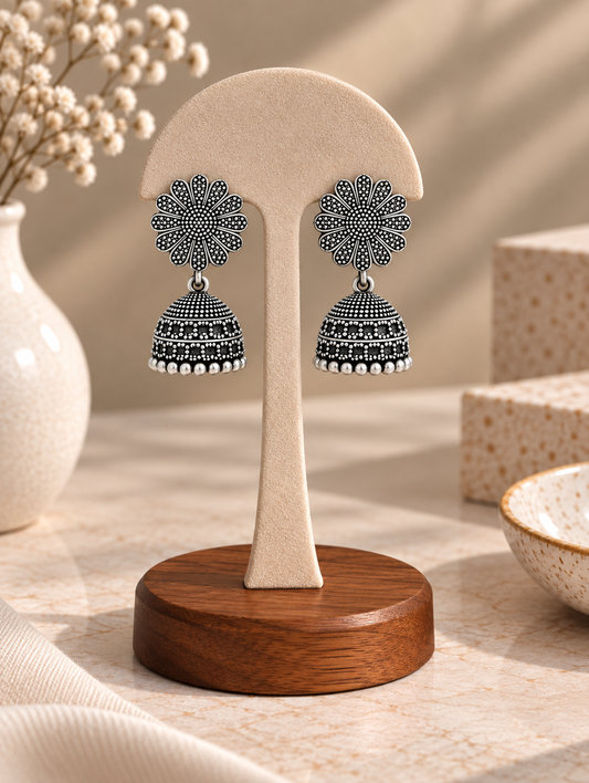 Oxidized Silver Classic Sunflower Studded Traditional Jhumka Earrings