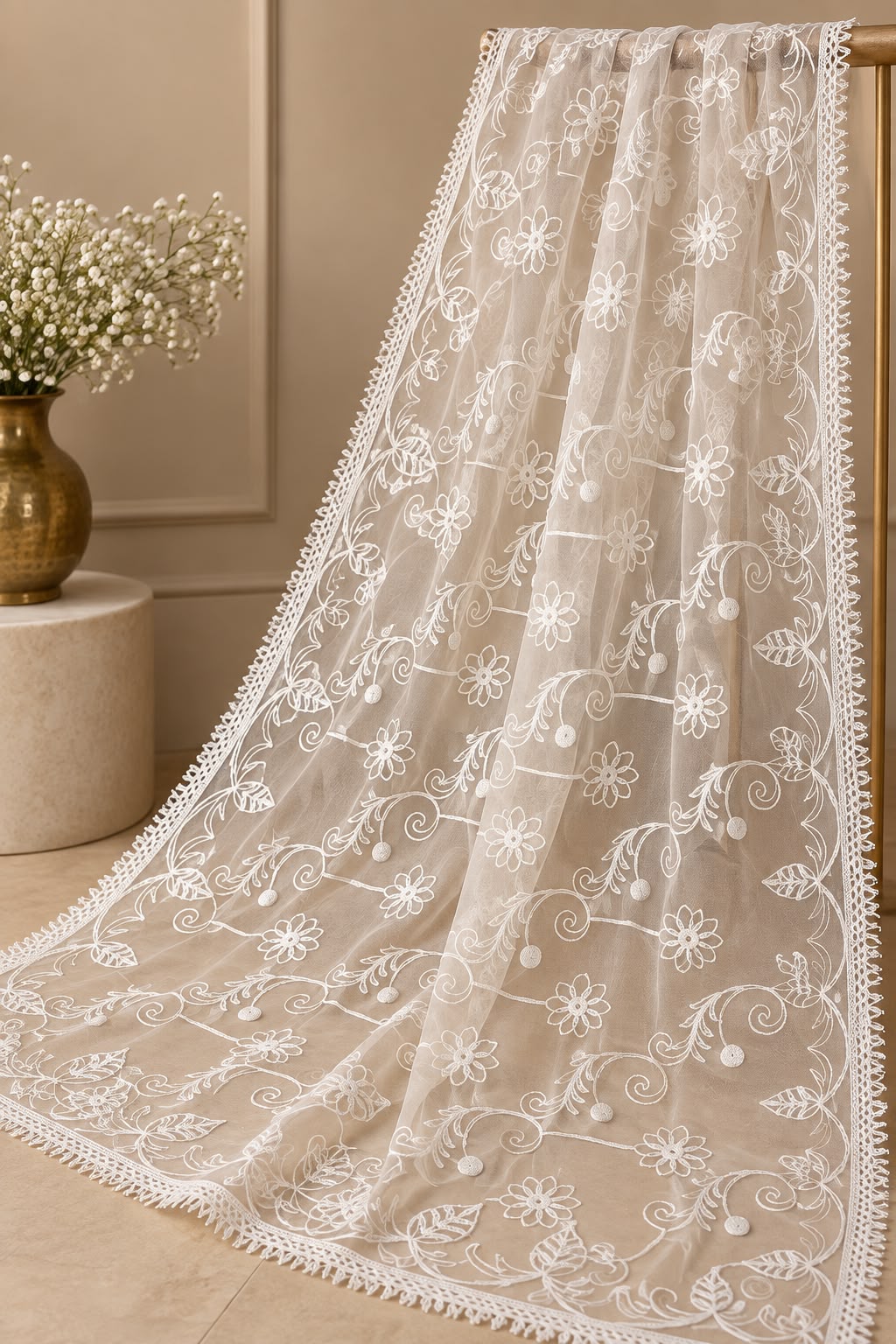 GD White Net Floral Chikankari Dupatta