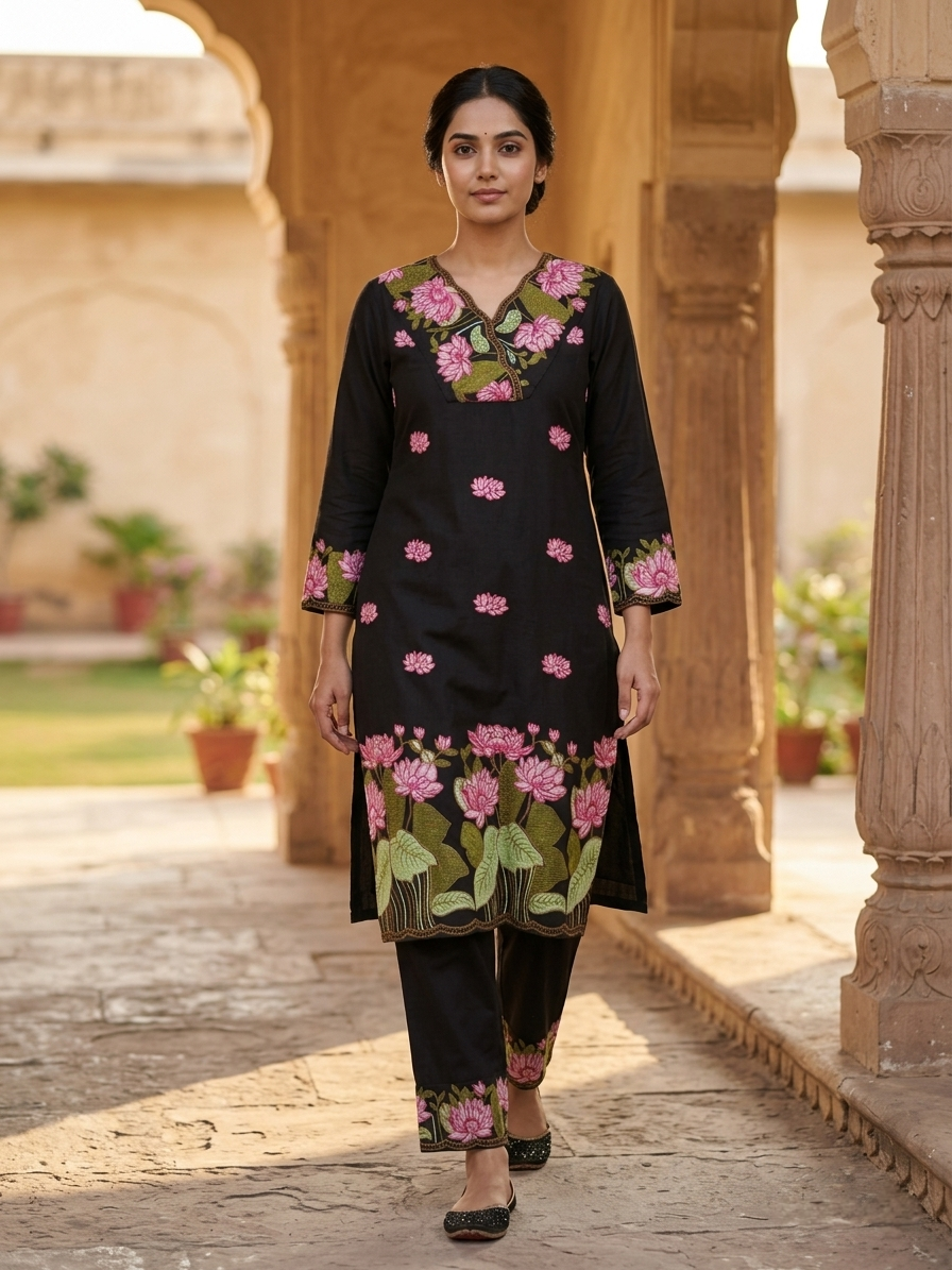 Black Phool Gulabi Dhaga Kurta Set