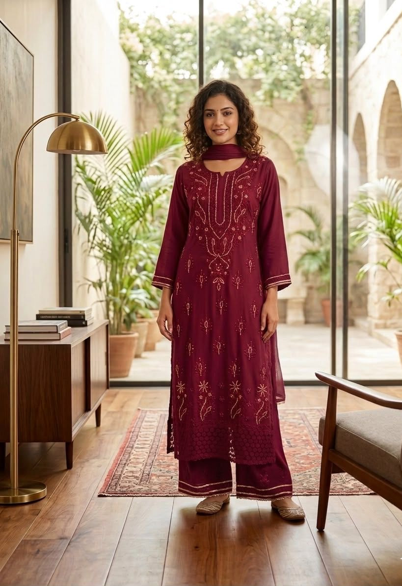 Naazakat & Noor Co Authentic Lucknowi Kurta Set with Dupatta