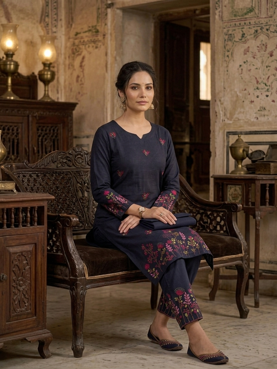 Jugnu Gulabi Dhaga Kurta Set in Black