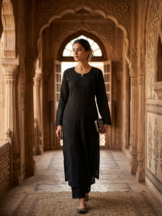 Black Khush Rang Gulabi Dhaga Kurta Set