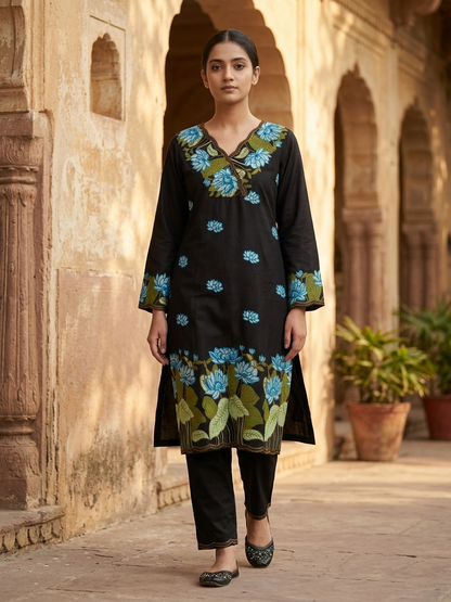 Black Phool Gulabi Dhaga Kurta Set