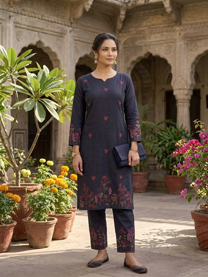 Jugnu Gulabi Dhaga Kurta Set in Black