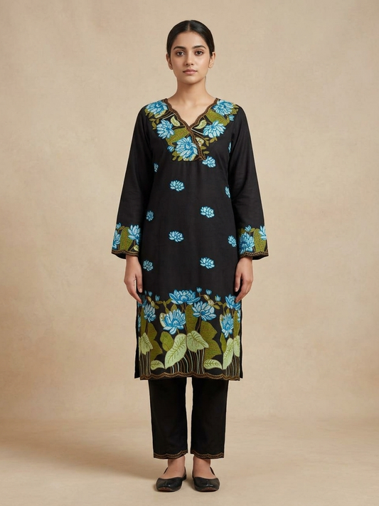 Black Phool Gulabi Dhaga Kurta Set