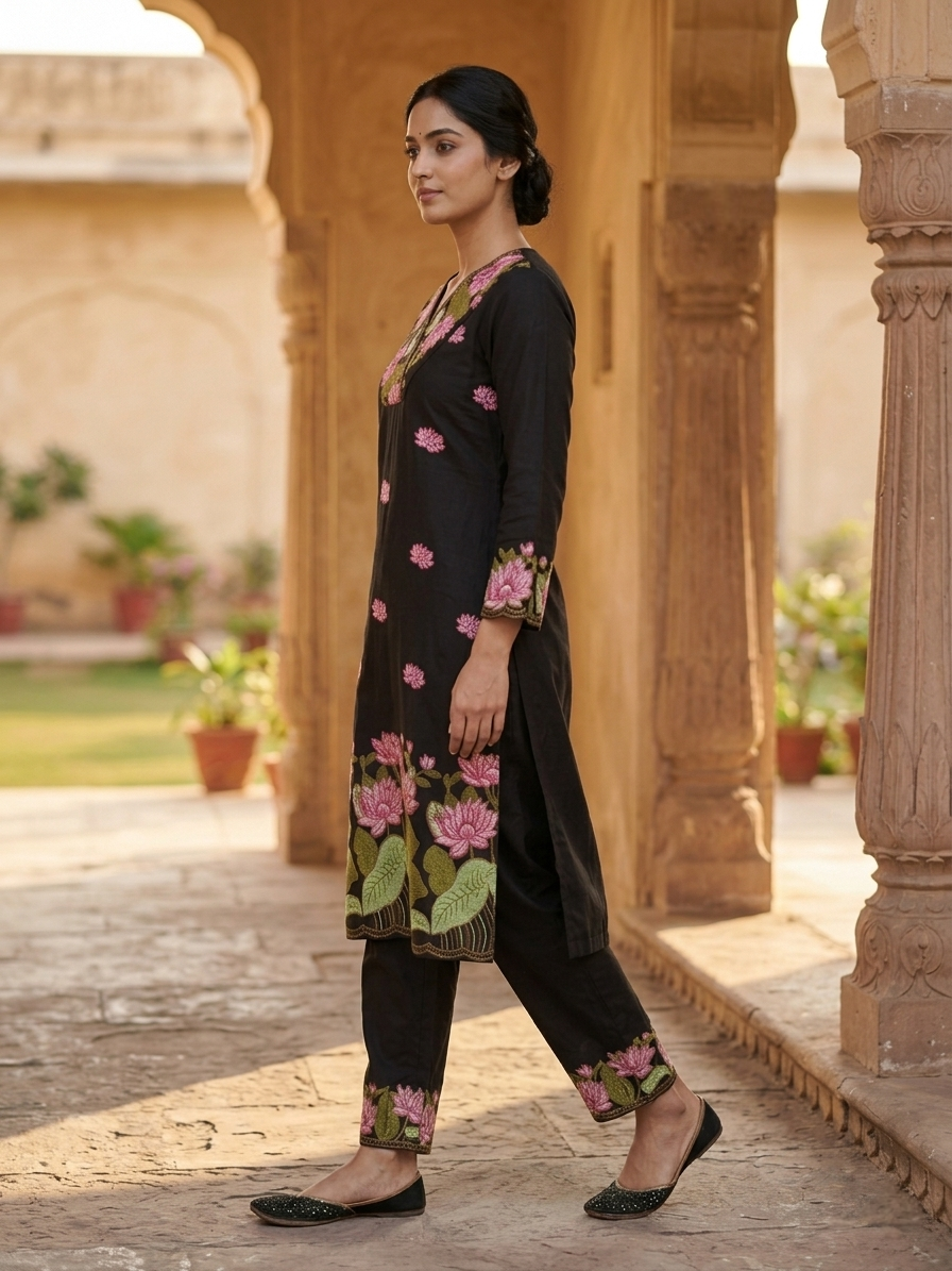 Black Phool Gulabi Dhaga Kurta Set