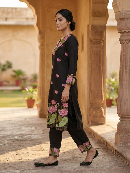 Black Phool Gulabi Dhaga Kurta Set
