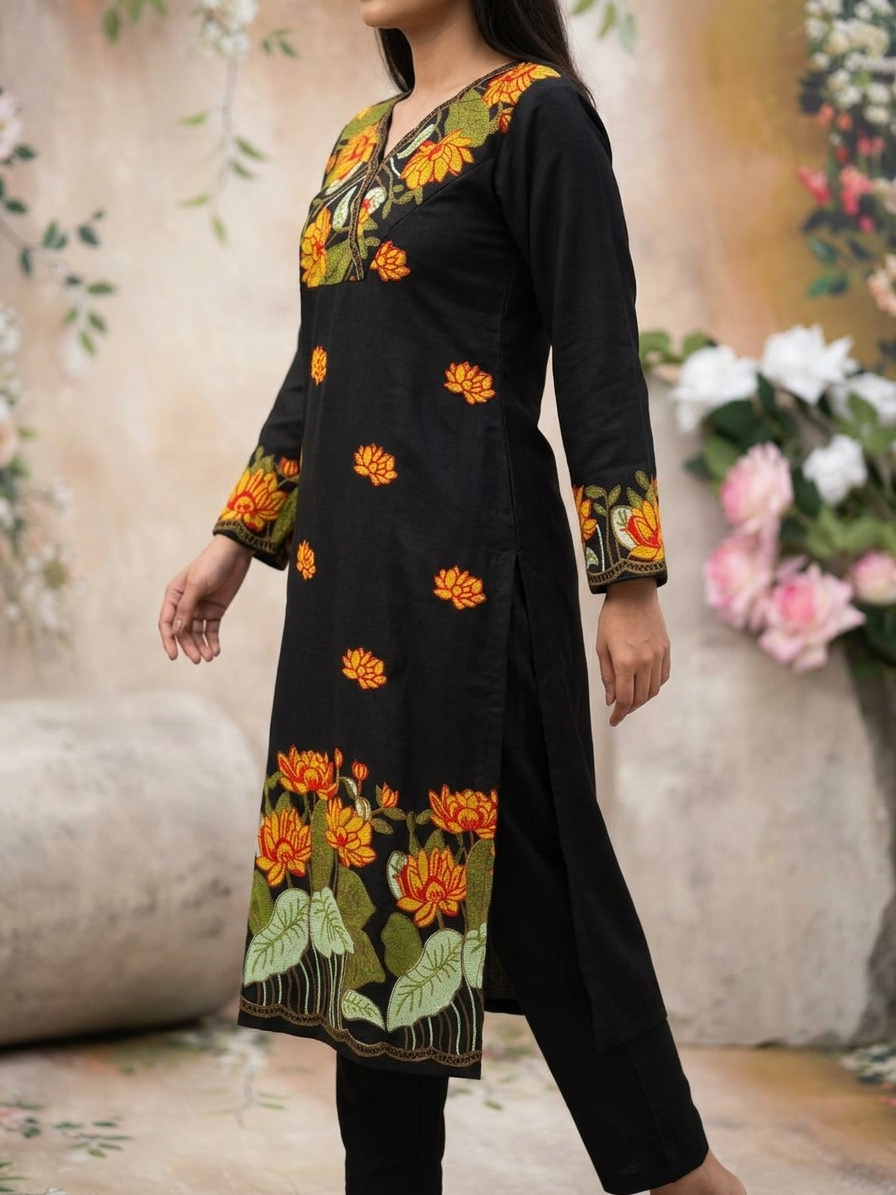 Black Phool Gulabi Dhaga Kurta Set