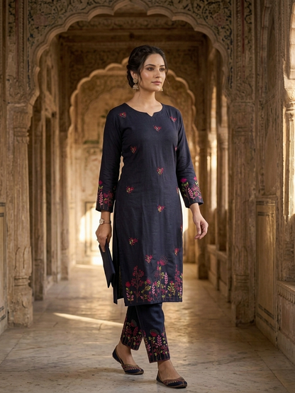 Jugnu Gulabi Dhaga Kurta Set in Black