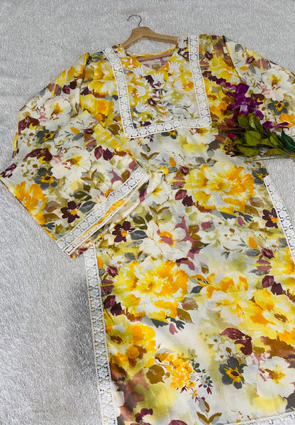 Diya 1 D Authentic Lucknowi Kurta Palazzo Set in Organic Slub Cotton