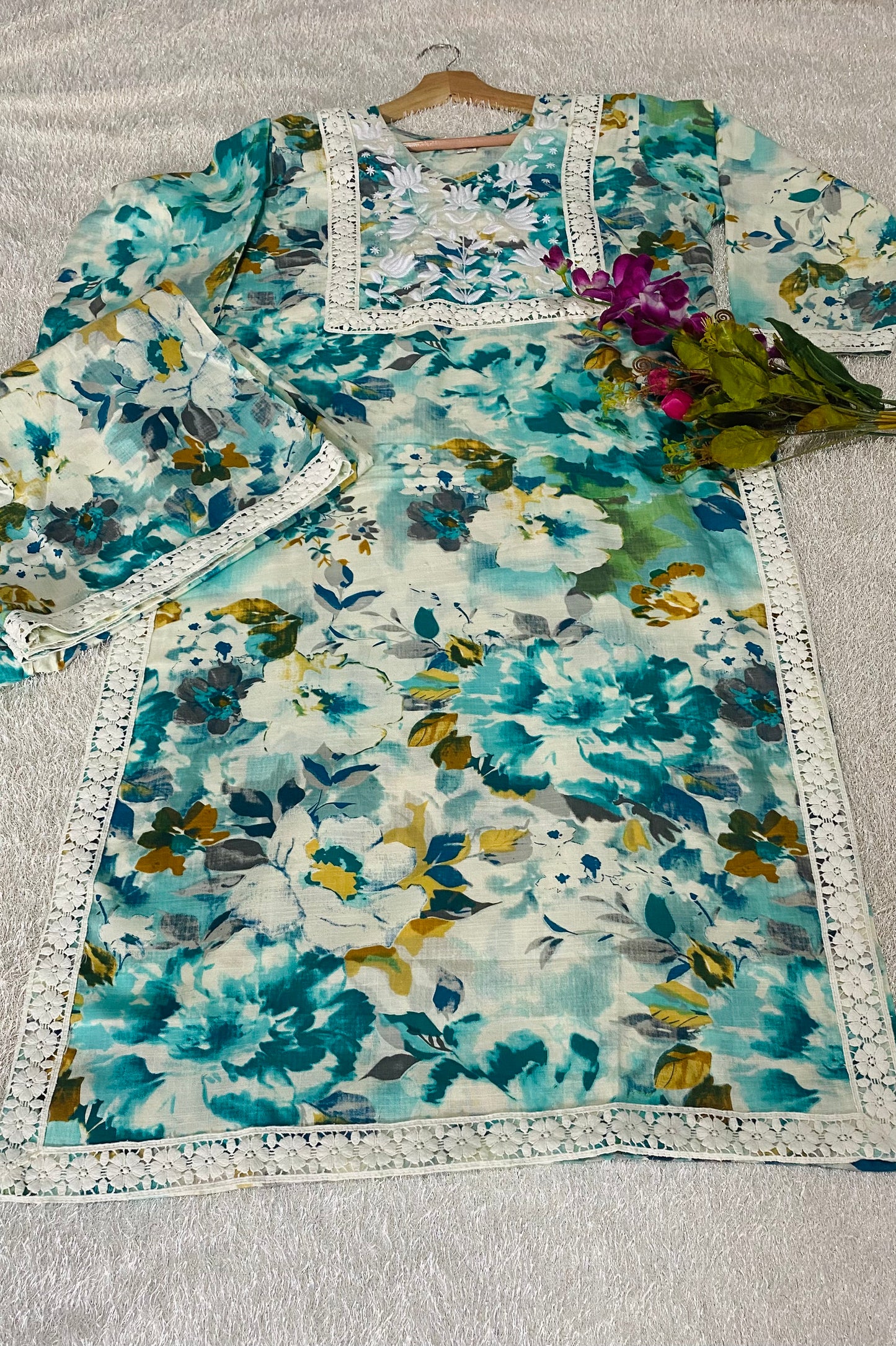 Diya 1 D Authentic Lucknowi Kurta Palazzo Set in Organic Slub Cotton