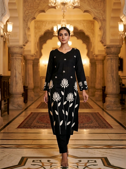 Black Shubhkar Gulabi Dhaga Kurta Set