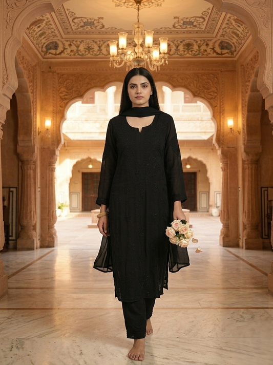 Black Nazakat Sitara Authentic Lucknowi Kurta Set