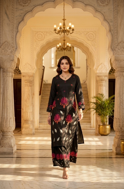 Black Zara Authentic Lucknowi Kurta Set in Slub Cotton 2