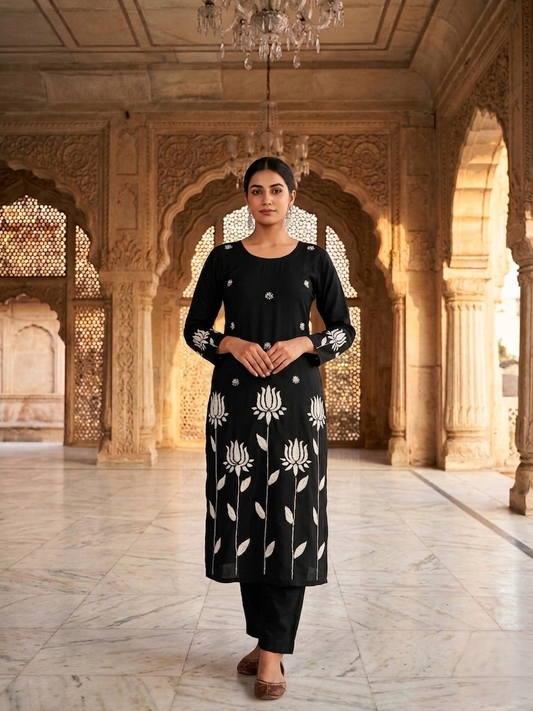 Black Shubhkar Gulabi Dhaga Kurta Set
