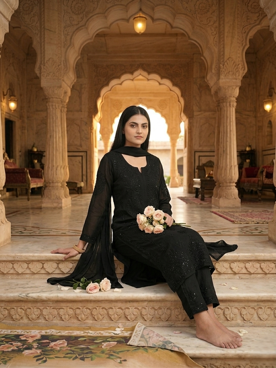 Black Nazakat Sitara Authentic Lucknowi Kurta Set