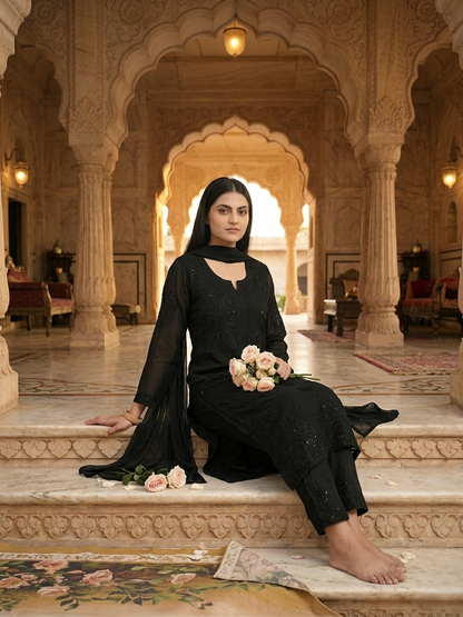 Black Nazakat Sitara Authentic Lucknowi Kurta Set