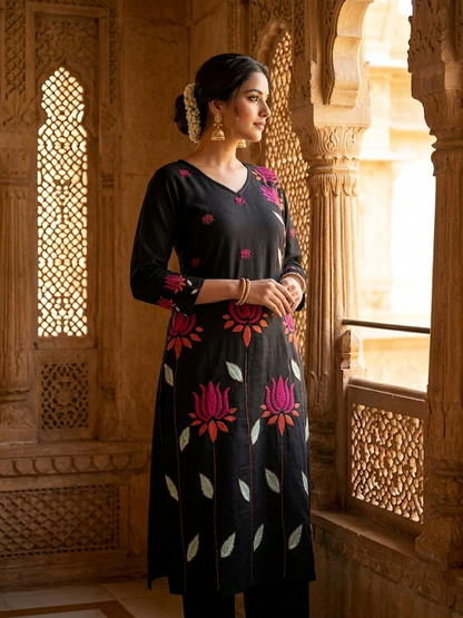 Black Kamal Gulabi Dhaga Kurta Set