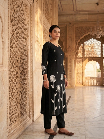 Black Shubhkar Gulabi Dhaga Kurta Set