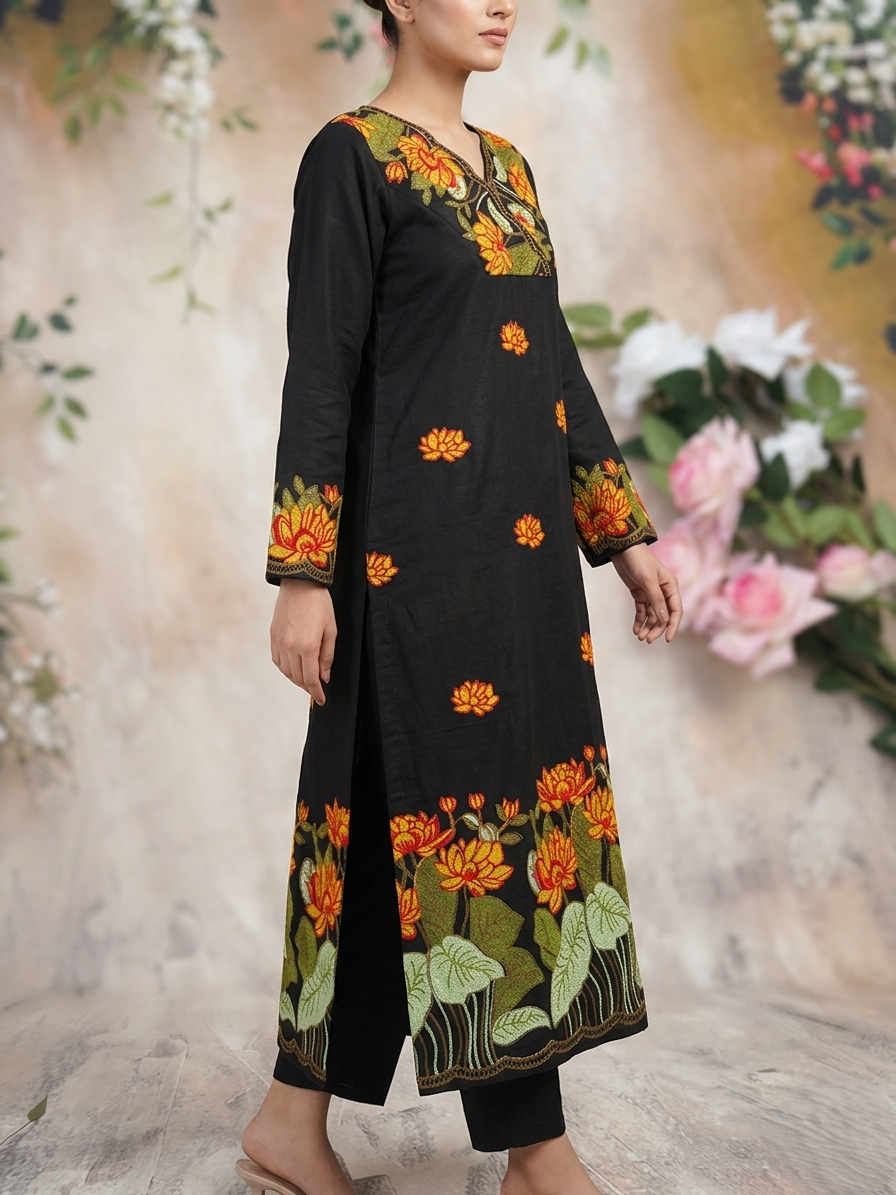 Black Phool Gulabi Dhaga Kurta Set