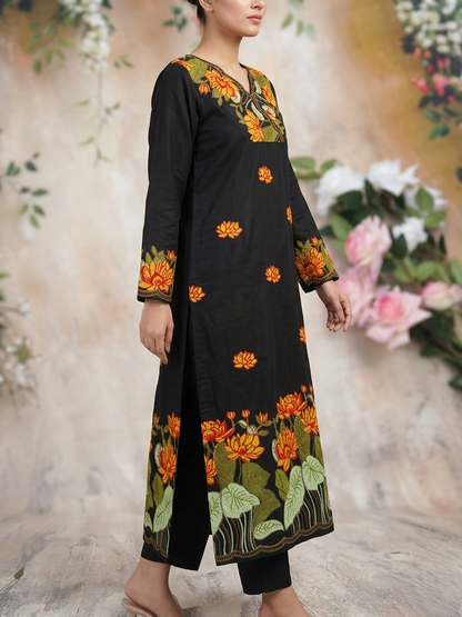 Black Phool Gulabi Dhaga Kurta Set