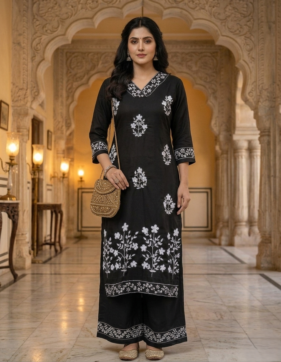 Black Zara Authentic Lucknowi Kurta Set in Slub Cotton 2