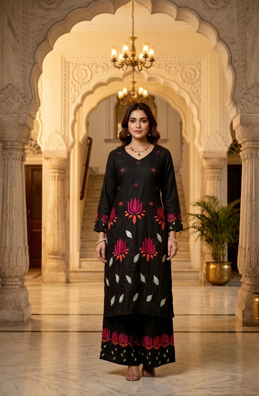 Black Zara Authentic Lucknowi Kurta Set in Slub Cotton 2