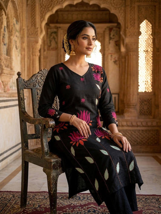 Black Kamal Gulabi Dhaga Kurta Set