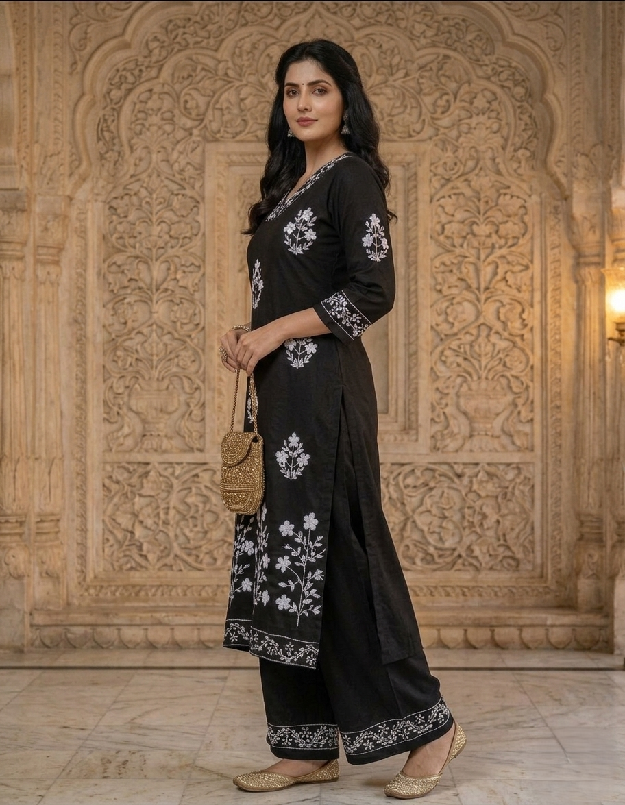 Black Zara Authentic Lucknowi Kurta Set in Slub Cotton 2
