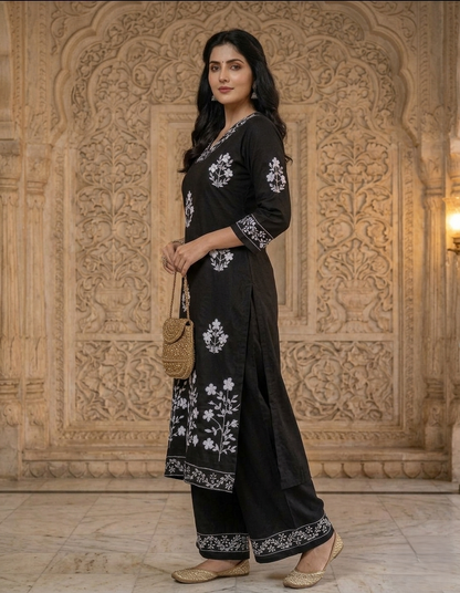 Black Zara Authentic Lucknowi Kurta Set in Slub Cotton 2