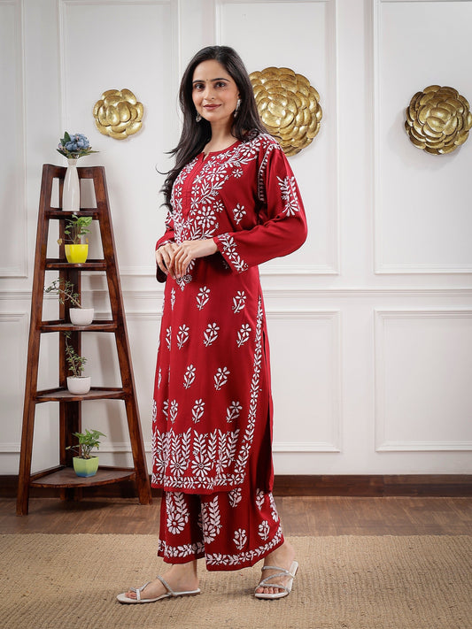 Aisha Authentic Lucknowi kurta Palazzo Set Maroon