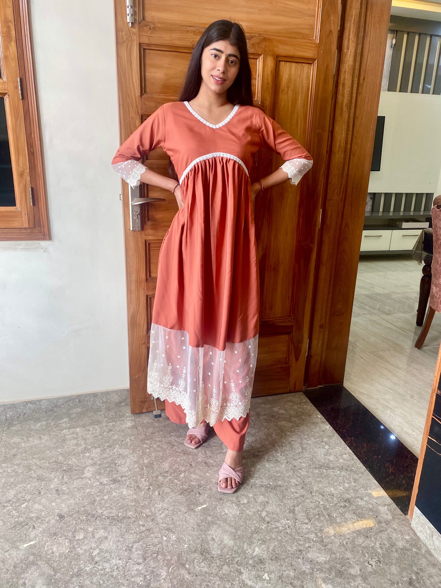 GD's Rust Orange Chikankari Alia Cut Dress