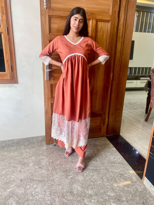 GD's Rust Orange Chikankari Alia Cut Dress