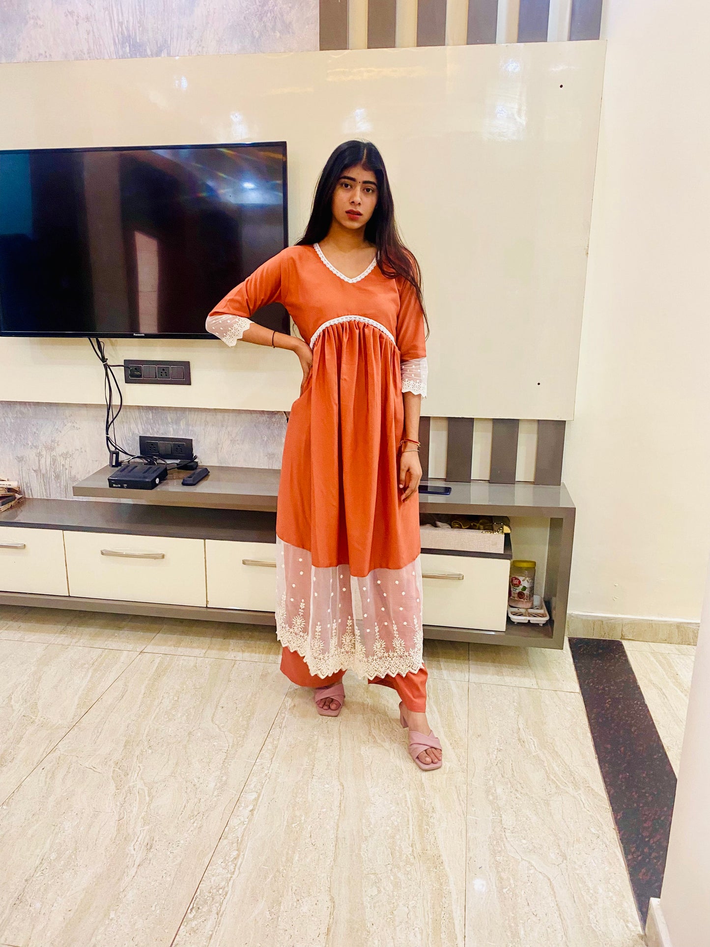 GD's Rust Orange Chikankari Alia Cut Dress