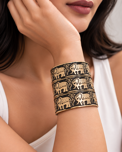 Vintage Antique Gold & Black Enamel Elephant Motif Wide Cuff Bracelet