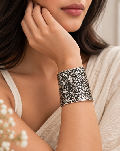 Antique Floral Oxidised Silver Cuff Bracelet