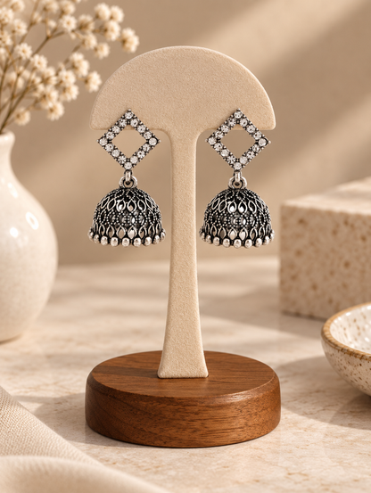 Oxidized Silver Diamond-Shaped Crystal Studded Traditional Jhumka Earrings
