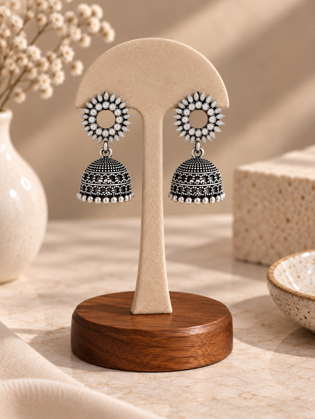 Oxidized Silver Floral Sunburst Studded Traditional Jhumka Earrings