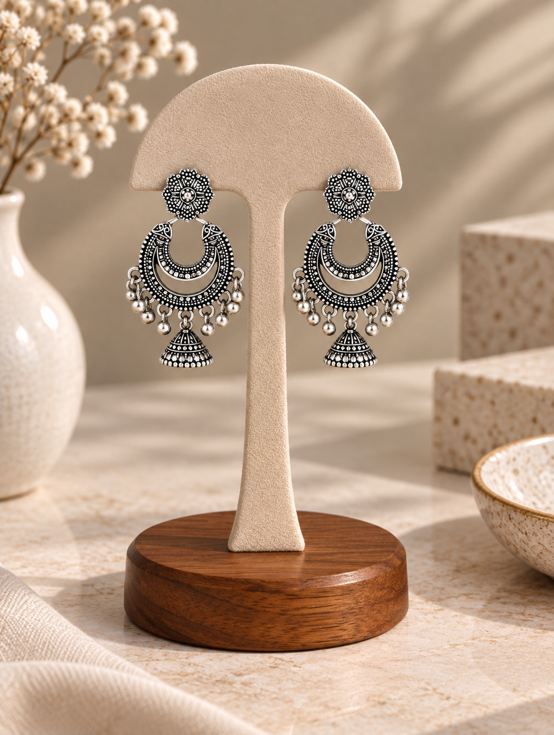 Oxidized Silver Floral Chandbali & Hanging Ghungroo Drop Jhumka Earrings