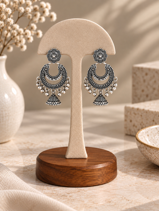 Oxidized Silver Floral Chandbali & Hanging Ghungroo Drop Jhumka Earrings