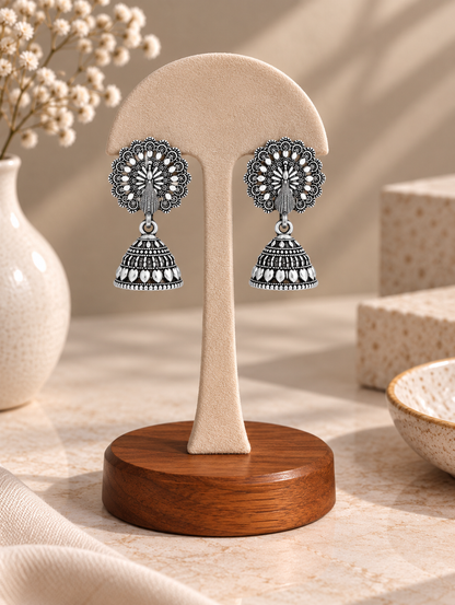 Oxidized Silver Majestic Peacock Motif Traditional Jhumka Earrings