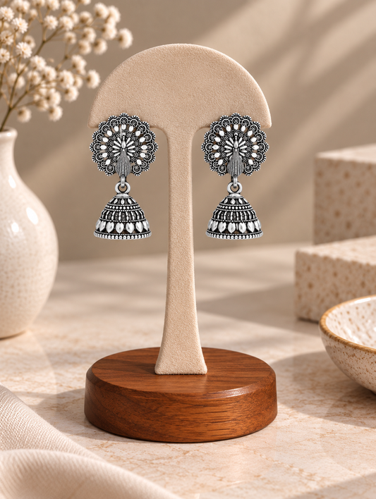 Oxidized Silver Majestic Peacock Motif Traditional Jhumka Earrings
