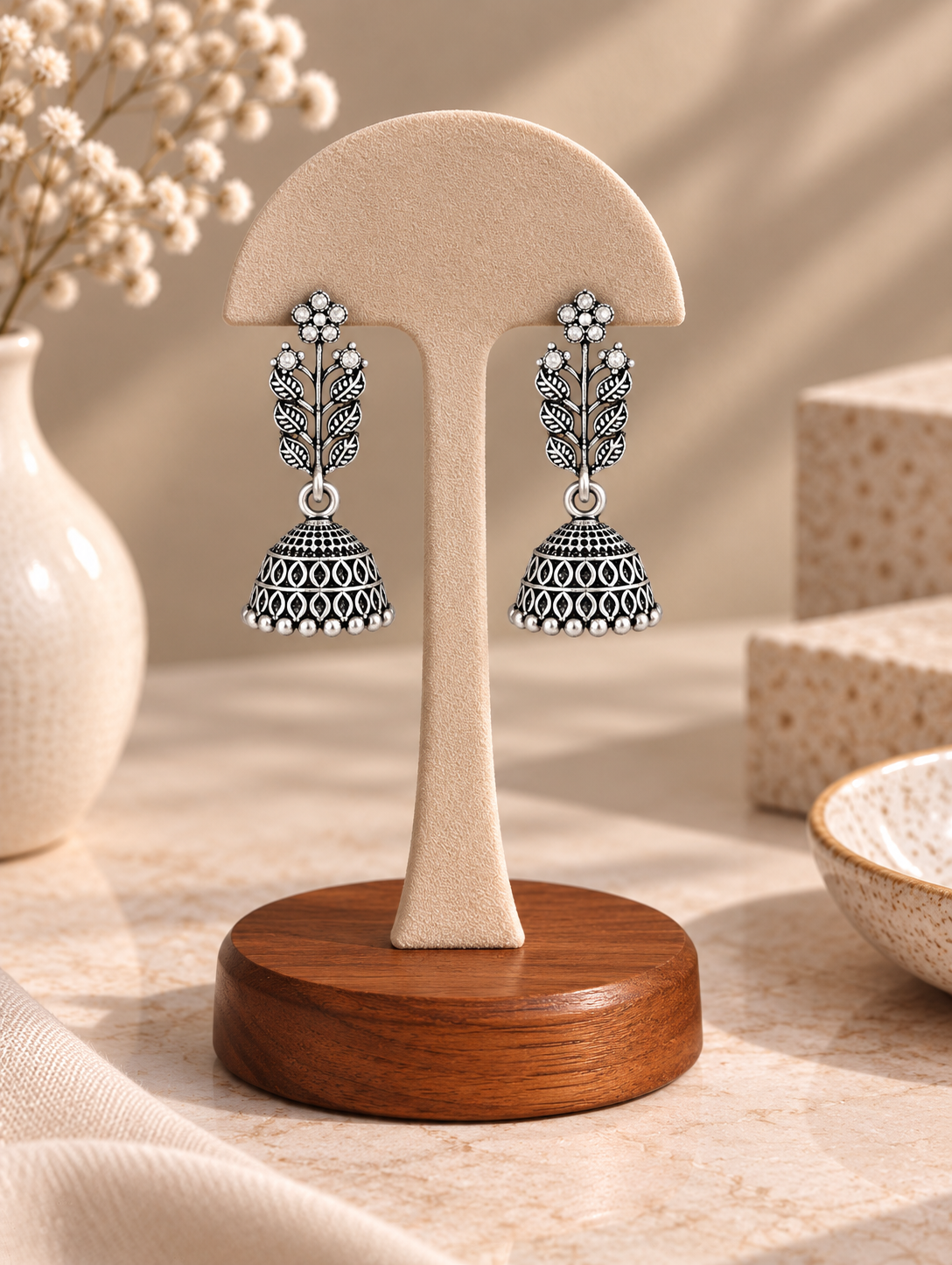 Oxidized Silver Stone-Studded Floral Vine & Leaf Branch Drop Jhumka Earrings