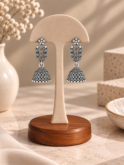 Oxidized Silver Stone-Studded Floral Vine & Leaf Branch Drop Jhumka Earrings