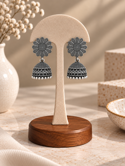 Oxidized Silver Classic Sunflower Studded Traditional Jhumka Earrings