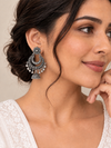 Oxidized Silver Floral Chandbali & Hanging Ghungroo Drop Jhumka Earrings