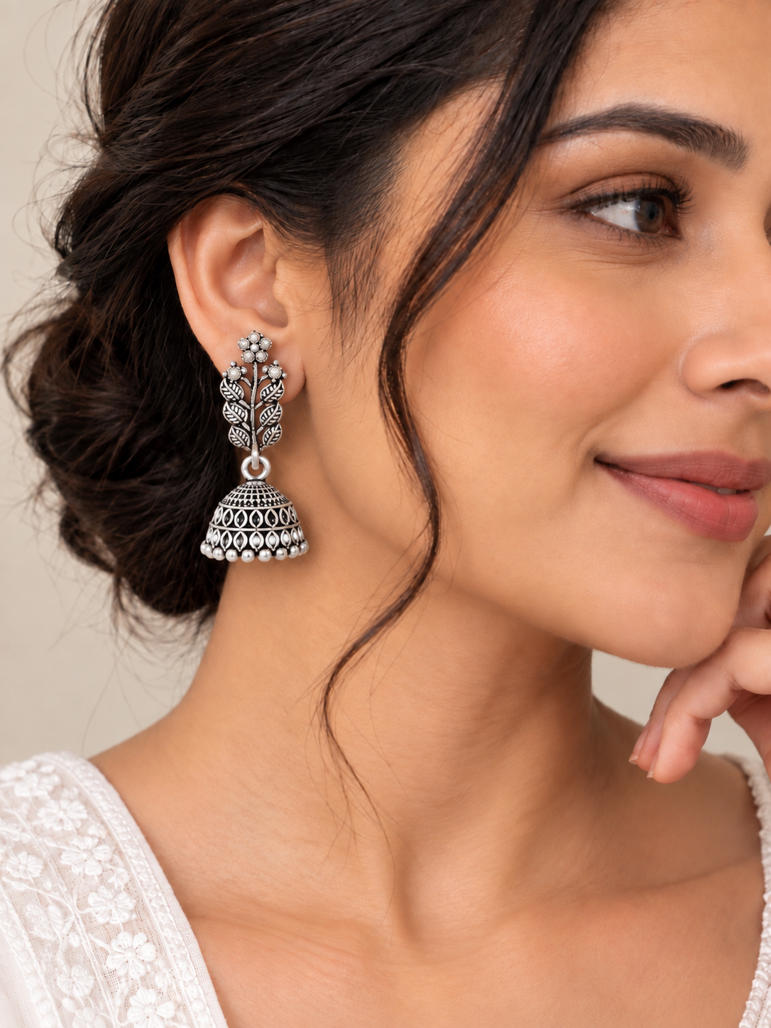 Oxidized Silver Stone-Studded Floral Vine & Leaf Branch Drop Jhumka Earrings