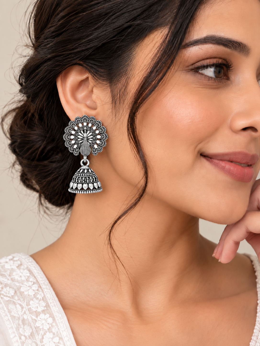 Oxidized Silver Majestic Peacock Motif Traditional Jhumka Earrings