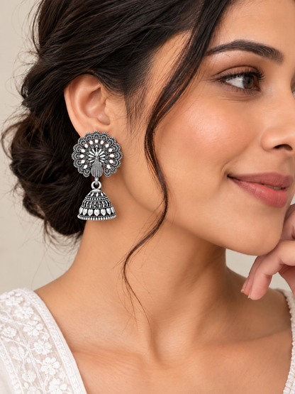 Oxidized Silver Majestic Peacock Motif Traditional Jhumka Earrings